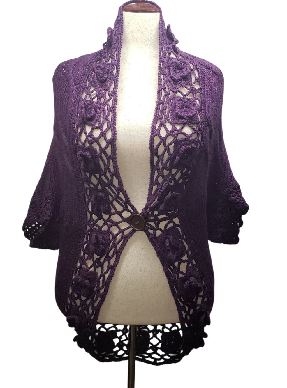 Romeo & Juliet Purple Crochet Dolman Wrap Cardigan Sweater M Oversized Bohemian